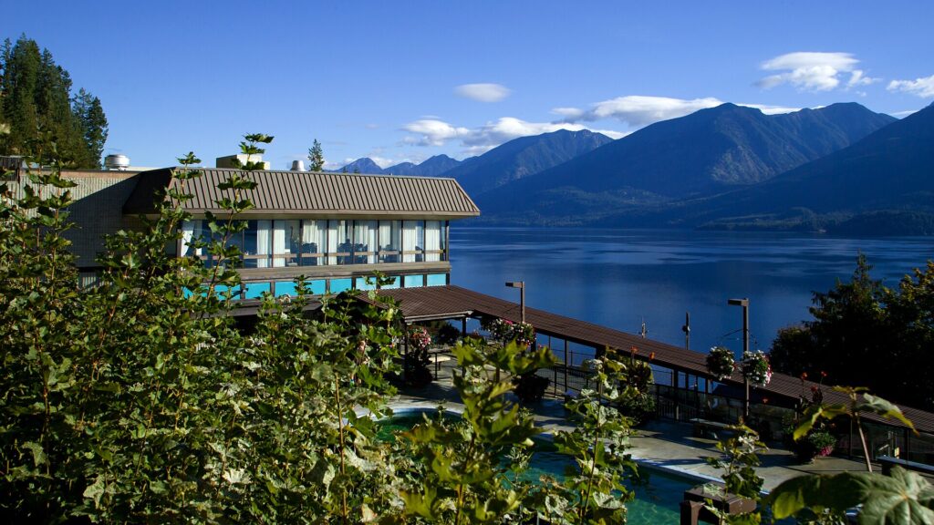 Ainsworth Hot Springs pool and horseshoe cave above Kootenay Lake