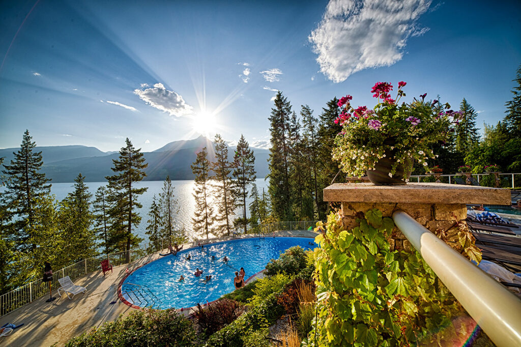The lower pool at Halcyon Hot Springs overlooking Upper Arrow Lake