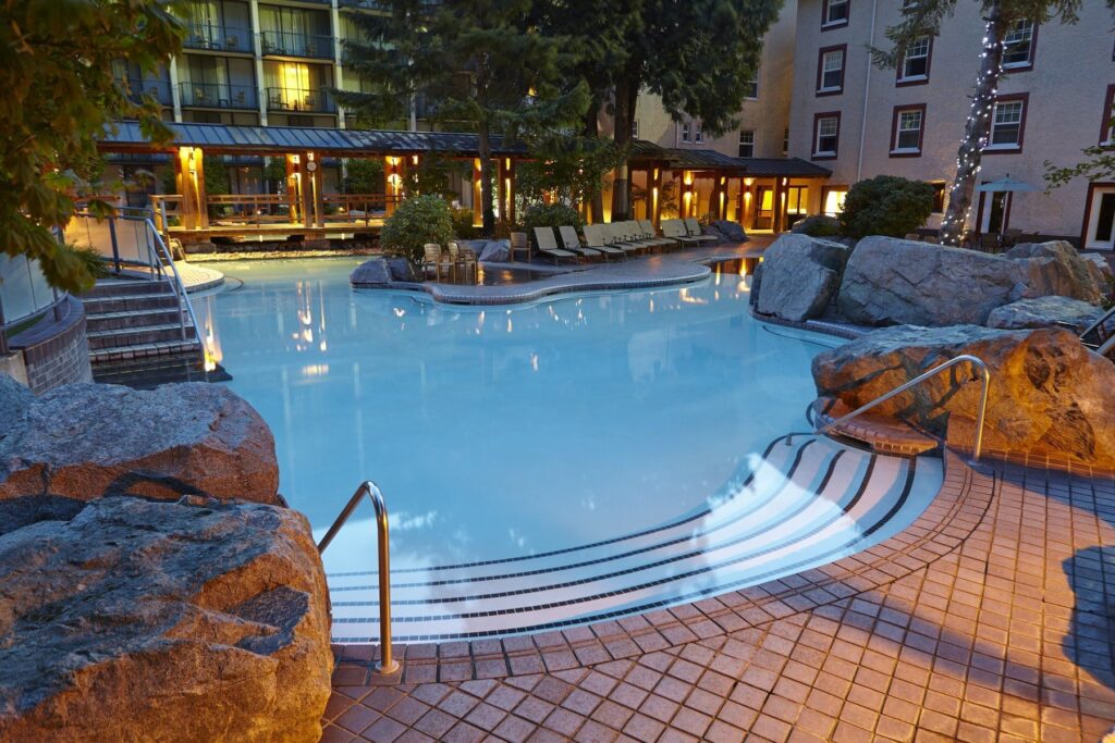 The mineral pool at Harrison Hot Springs Resort at dusk (resort pools are for hotel guests)